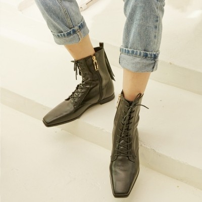 Square Toe Lace-up Ankle Boots- MD1090b  Black